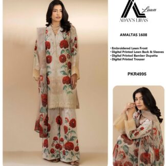 Adan Libas D-1602-07-08 Peach Digital Printed Chikankari Lawn & Bamber Chiffon Ensemble
