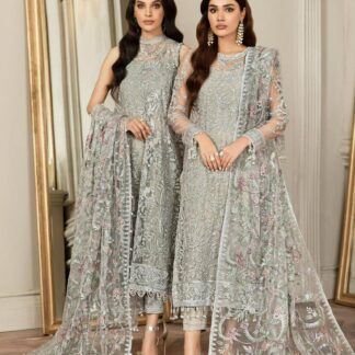 Zarif Luxury Silver Grey Embroidered Net Suit | Spengle Work Party Wear - The ZARIF LUXURY NET COLLECTION proudly presents it