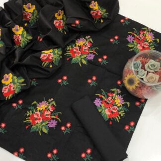 Elegant Black Lawn Cotton Multi Embroidered Unstitched 3pc Suit | Chiffon Dupatta Women's Ethnic Wear - Discover unparalleled