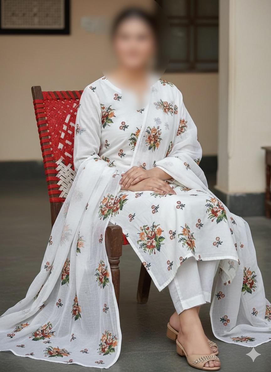 Elegant White Lawn Cotton Embroidered Unstitched 3-Piece Suit for Women - Image 4