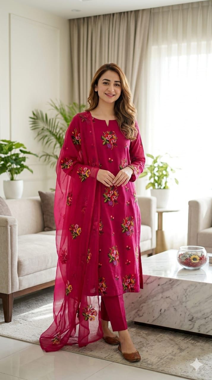Exquisite Red Lawn Cotton 3-Piece Unstitched Suit with Multi Cross-Stitch Embroidery - Image 5