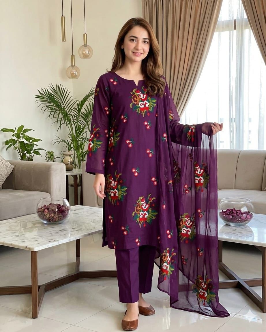 Exquisite Red Lawn Cotton 3-Piece Unstitched Suit with Multi Cross-Stitch Embroidery - Image 7