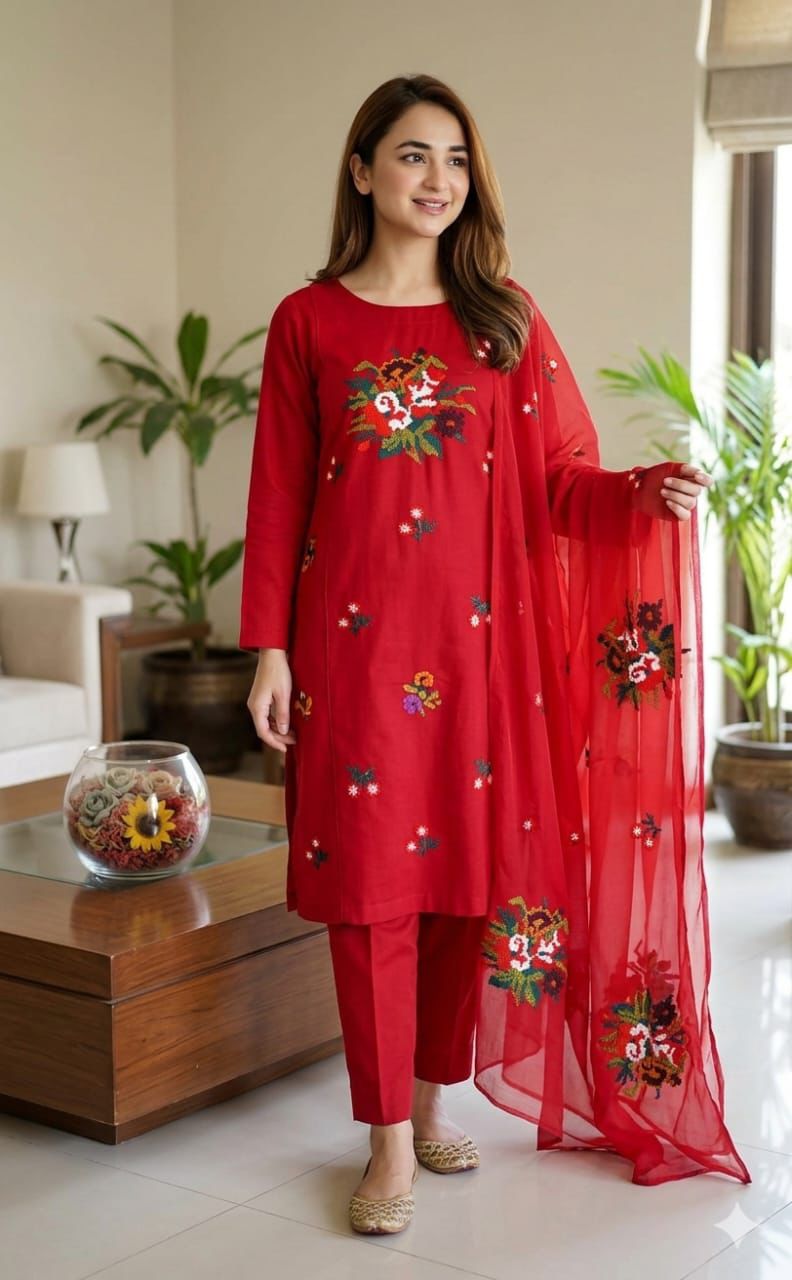 Exquisite Red Lawn Cotton 3-Piece Unstitched Suit with Multi Cross-Stitch Embroidery - Image 10