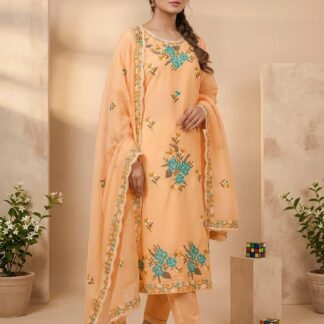 Exquisite Peach Cross Stitch Embroidered Unstitched 3-Piece Suit - Elegant Ethnic Wear - Discover unparalleled elegance with 