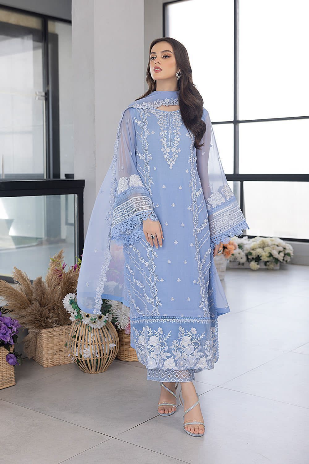 Elegant AZURE Organza Embroidered 3-Piece Suit for Festive Occasions - Discover the epitome of grace and sophistication with