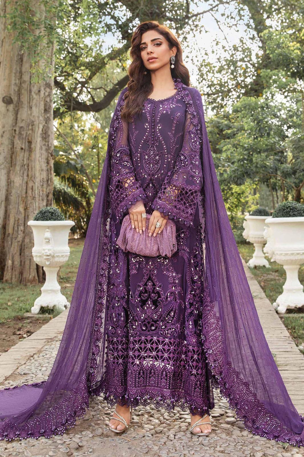 MARIA B Luxury Purple Chiffon Embroidered Suit with Adda Work & Sequins - Step into the world of unparalleled elegance wi