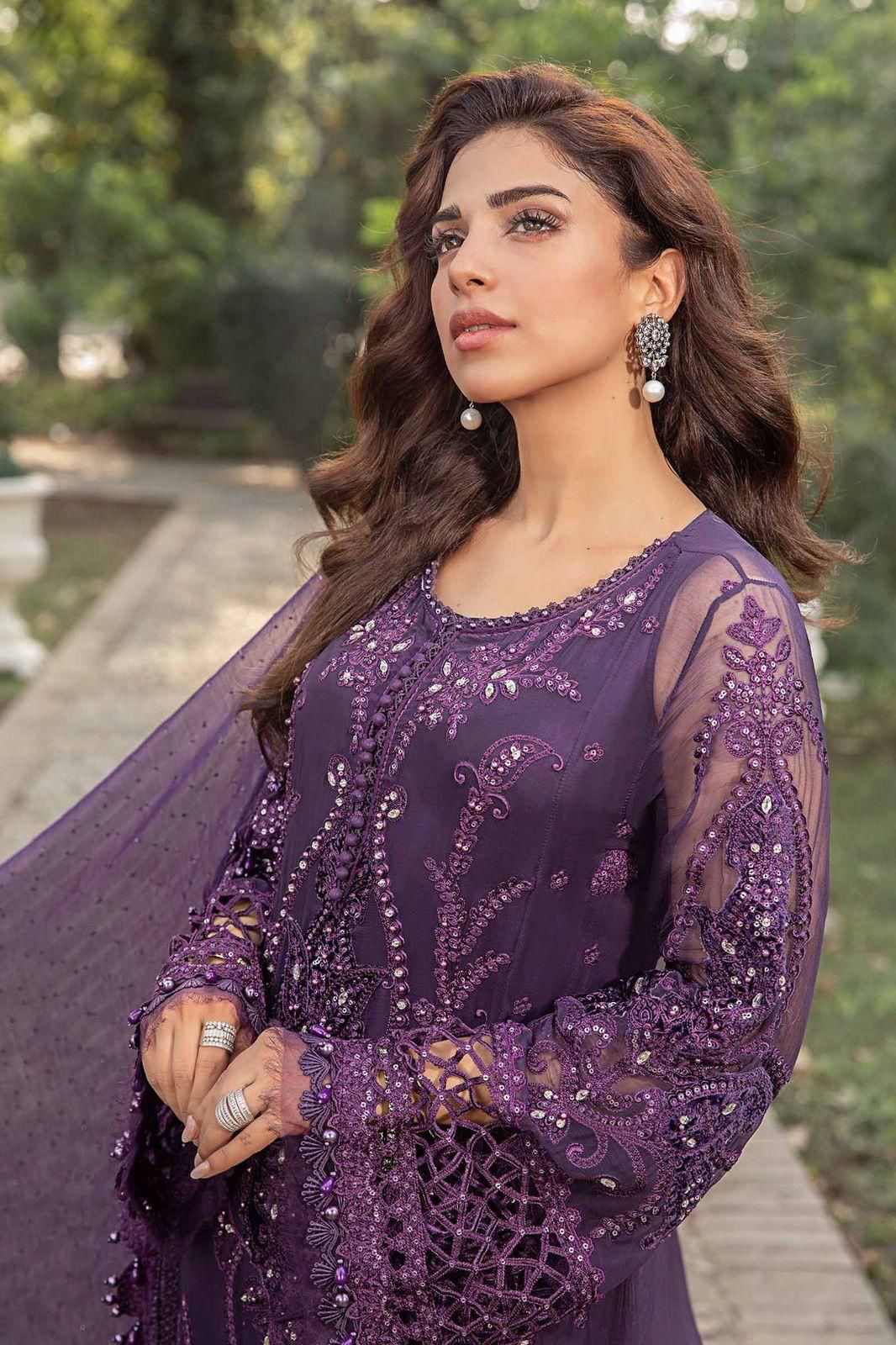 MARIA B Luxury Purple Chiffon Embroidered Suit with Adda Work & Sequins - Image 2