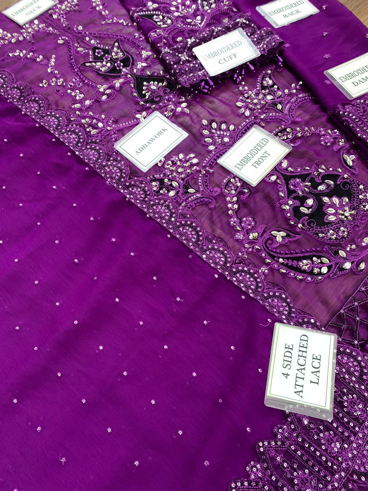 MARIA B Luxury Purple Chiffon Embroidered Suit with Adda Work & Sequins - Image 6