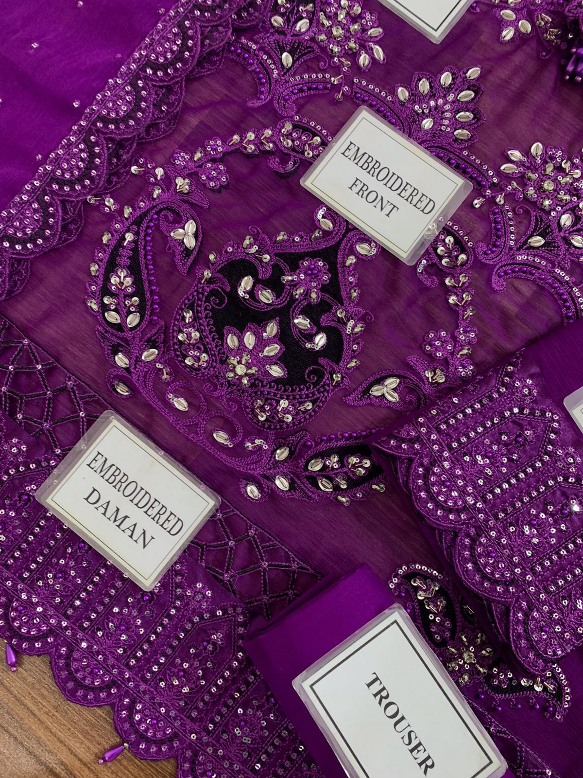 MARIA B Luxury Purple Chiffon Embroidered Suit with Adda Work & Sequins - Image 7