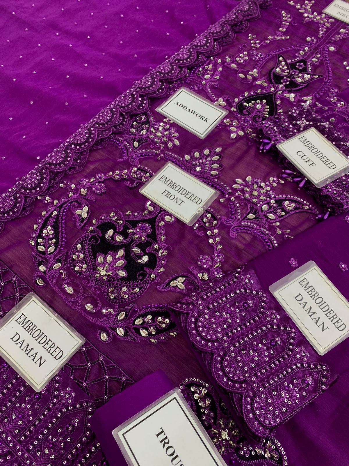 MARIA B Luxury Purple Chiffon Embroidered Suit with Adda Work & Sequins - Image 8