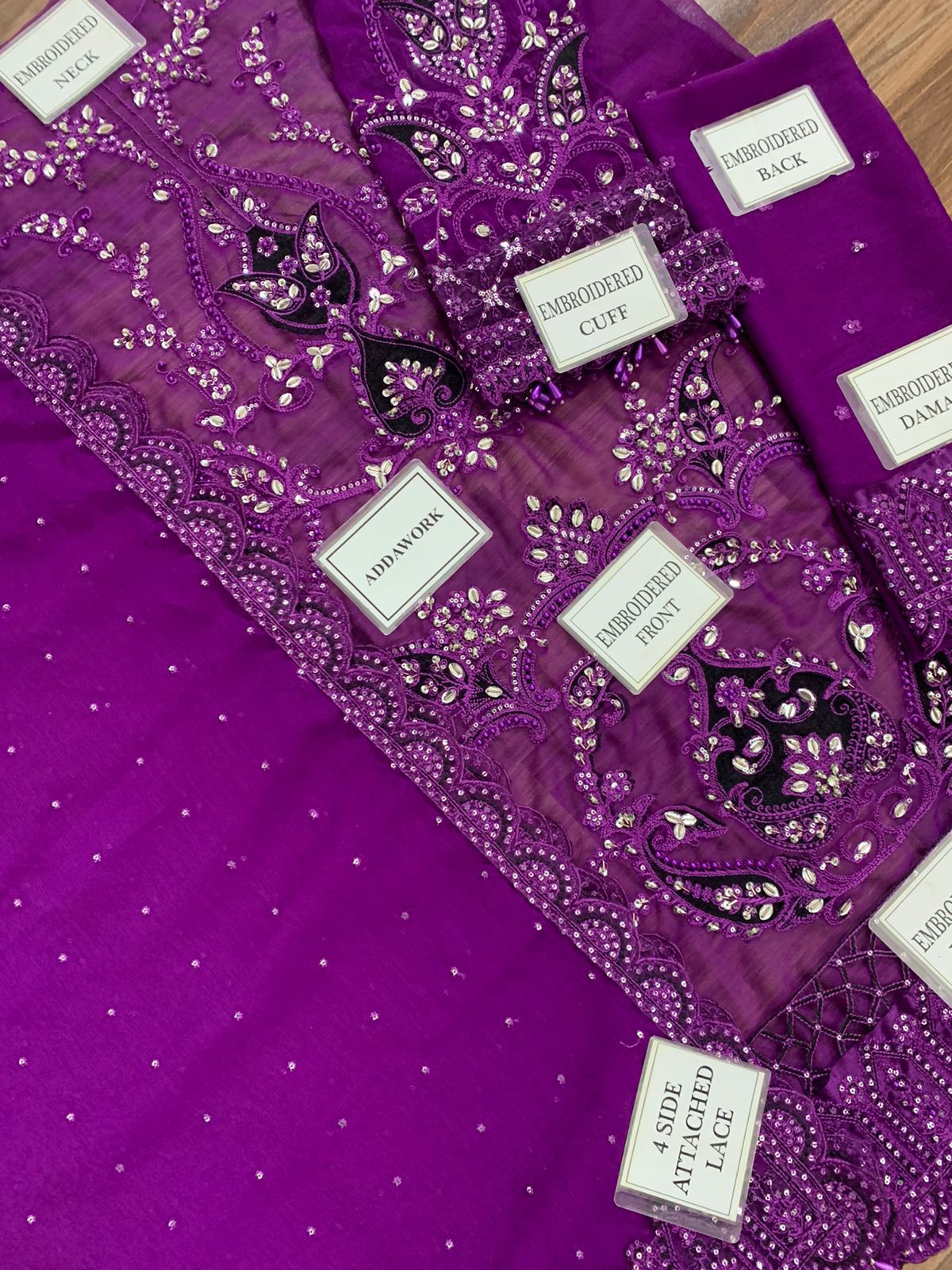 MARIA B Luxury Purple Chiffon Embroidered Suit with Adda Work & Sequins - Image 9