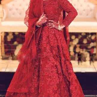 Maryam&Maria Luxury Collection: Exquisite Red Embroidered Net Suit with Stone Work and 3D Flowers - Discover the epitome 