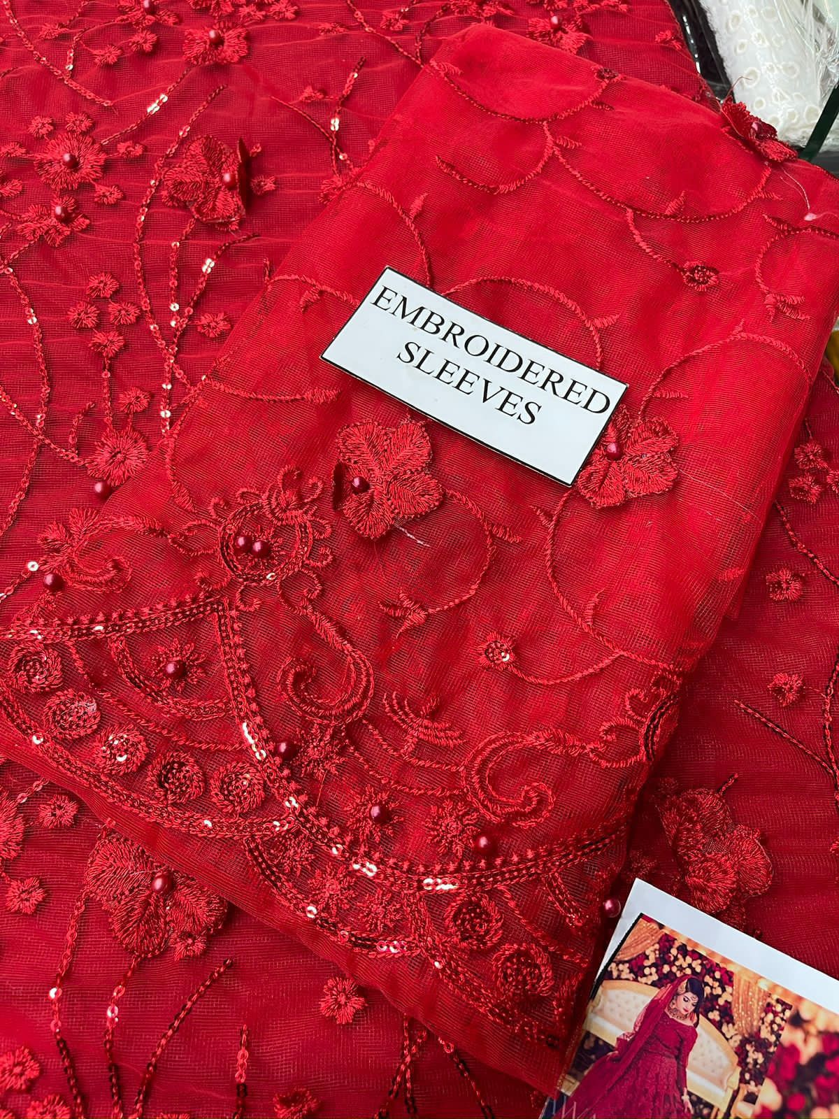 Maryam&Maria Luxury Collection: Exquisite Red Embroidered Net Suit with Stone Work and 3D Flowers - Image 4