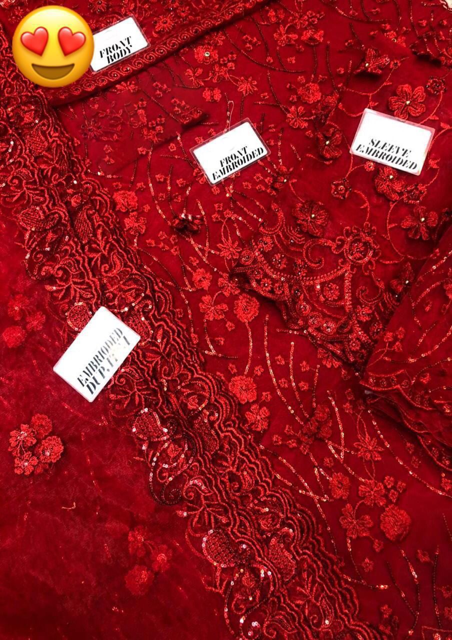 Maryam&Maria Luxury Collection: Exquisite Red Embroidered Net Suit with Stone Work and 3D Flowers - Image 5