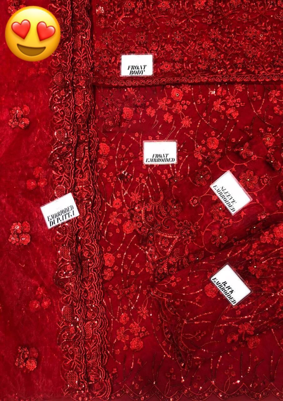 Maryam&Maria Luxury Collection: Exquisite Red Embroidered Net Suit with Stone Work and 3D Flowers - Image 6