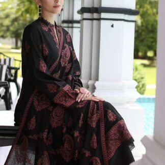 BAREEZE Luxury Embroidered Lawn Unstitched 3-Piece Suit - Elegant Black with Pink Embroidery - Elevate your ethnic wardrobe w