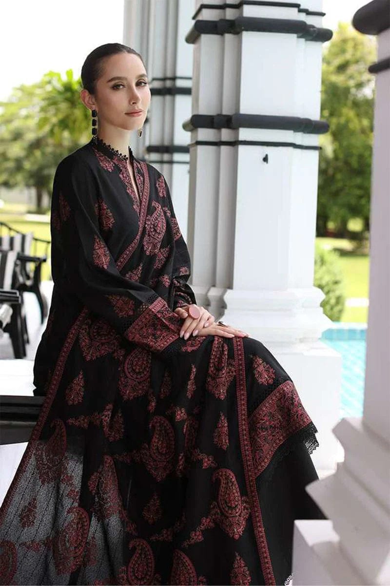 BAREEZE Luxury Embroidered Lawn Unstitched 3-Piece Suit - Elegant Black with Pink Embroidery - Elevate your ethnic wardrobe w