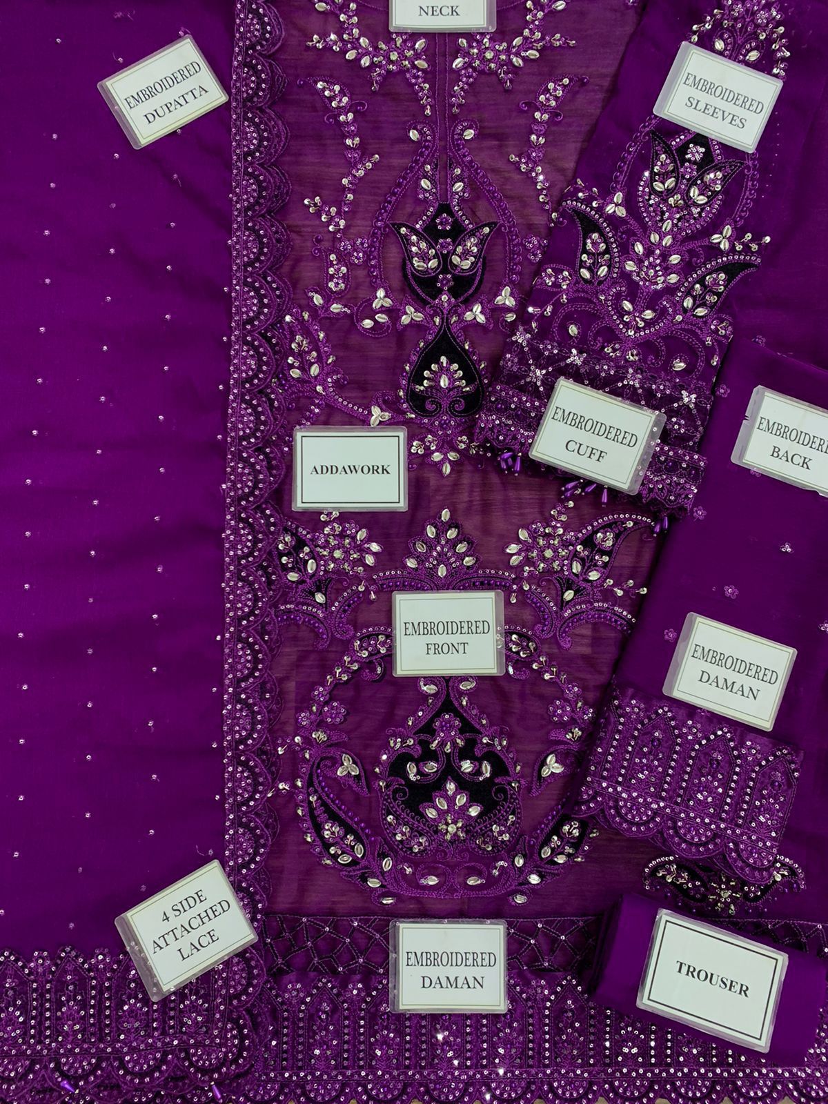 MARIA B Luxury Purple Chiffon Embroidered Suit with Adda Work & Sequins - Image 10