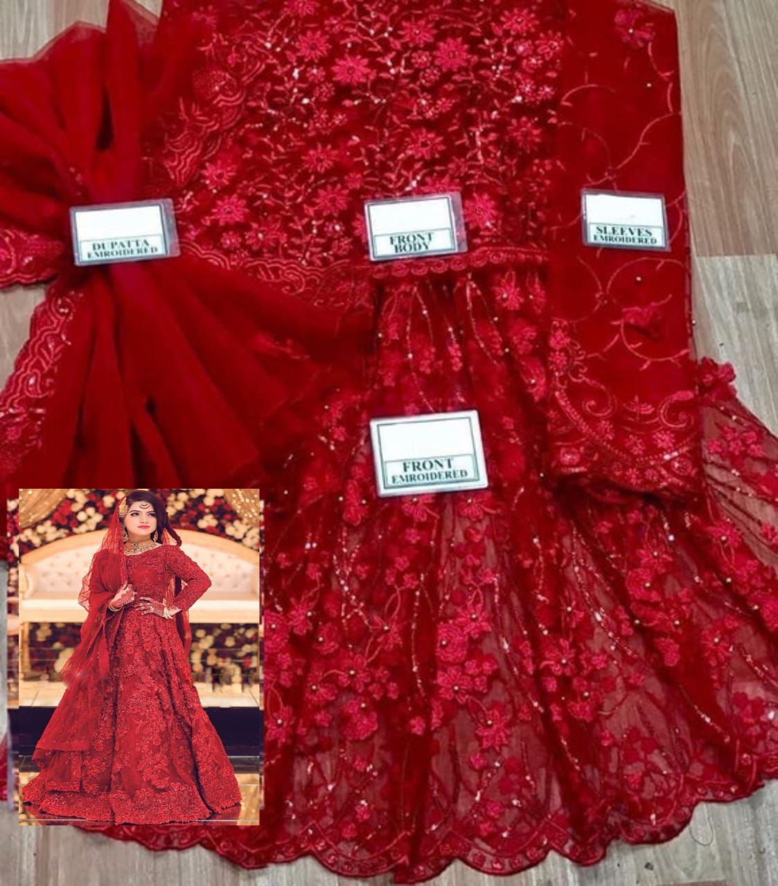 Maryam&Maria Luxury Collection: Exquisite Red Embroidered Net Suit with Stone Work and 3D Flowers - Image 7