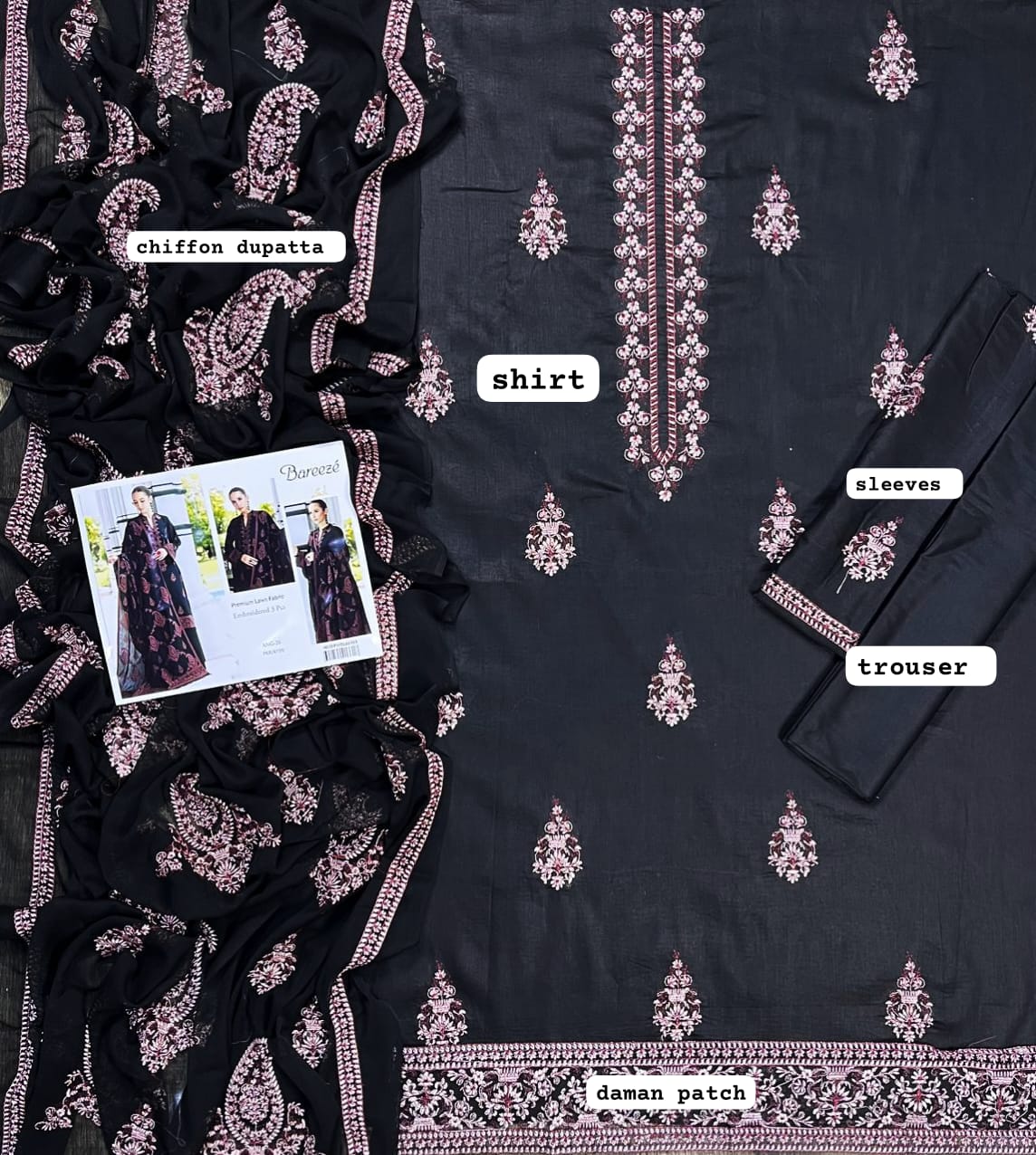 BAREEZE Luxury Embroidered Lawn Unstitched 3-Piece Suit - Elegant Black with Pink Embroidery - Image 4