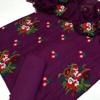 Exquisite Red Lawn Cotton 3-Piece Unstitched Suit with Multi Cross-Stitch Embroidery - Elevate your ethnic wear collection wi