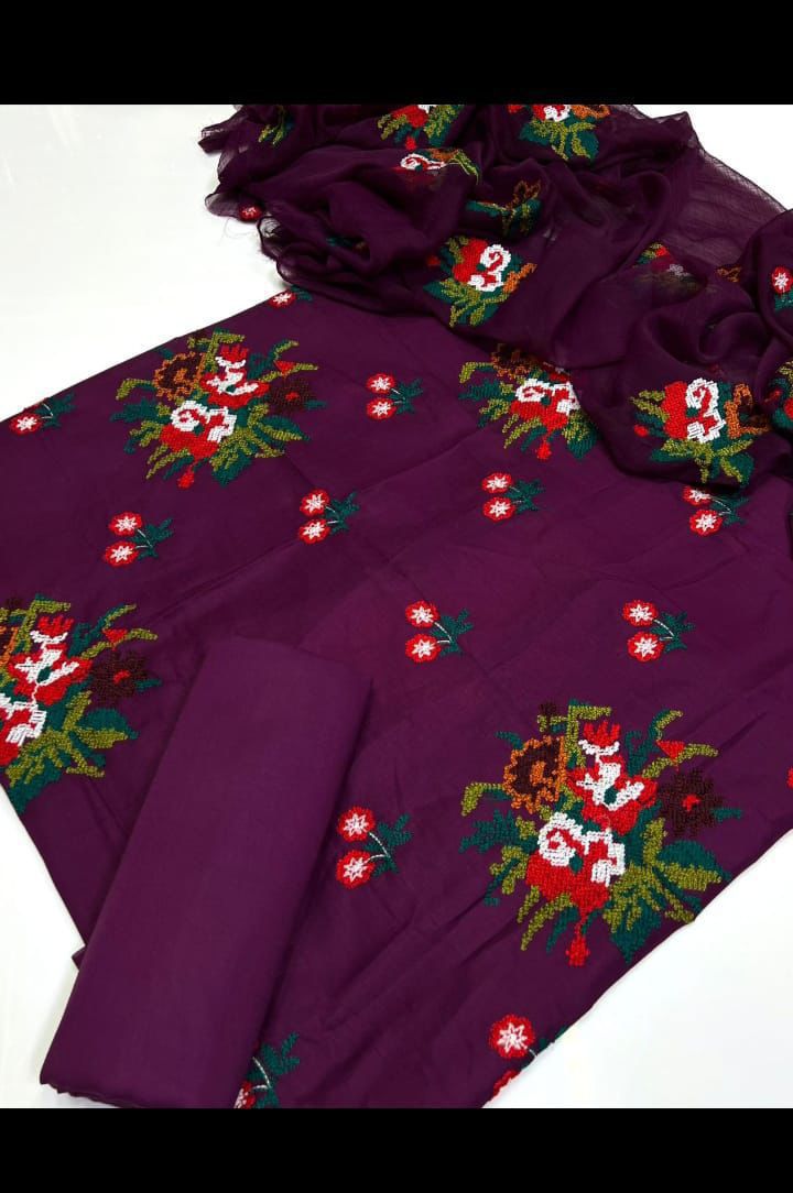 Exquisite Red Lawn Cotton 3-Piece Unstitched Suit with Multi Cross-Stitch Embroidery - Elevate your ethnic wear collection wi