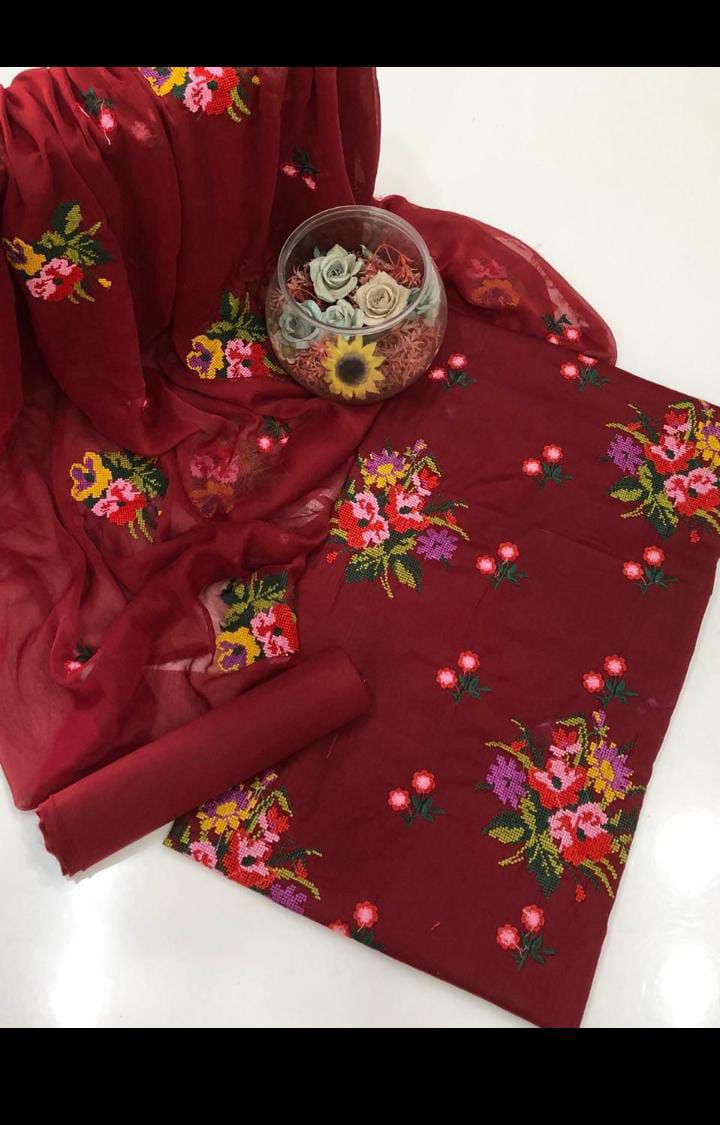 Exquisite Red Lawn Cotton 3-Piece Unstitched Suit with Multi Cross-Stitch Embroidery - Image 3
