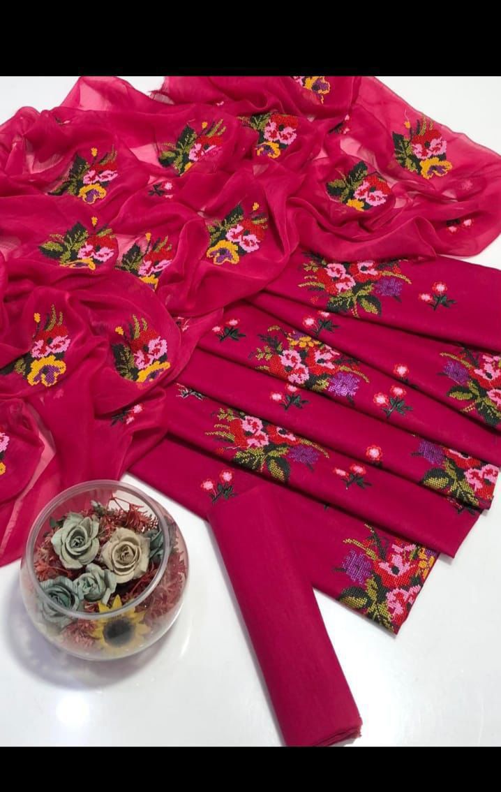 Exquisite Red Lawn Cotton 3-Piece Unstitched Suit with Multi Cross-Stitch Embroidery - Image 4