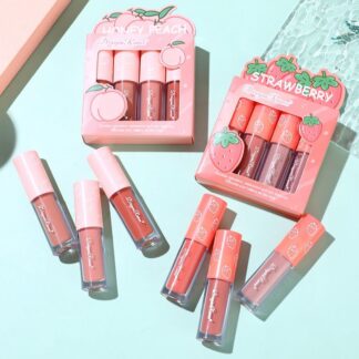 Dragon Ranee - 3Pcs Fruit Velvet Matte Waterproof Lipstick Lipgloss Set A Strawberry D6007