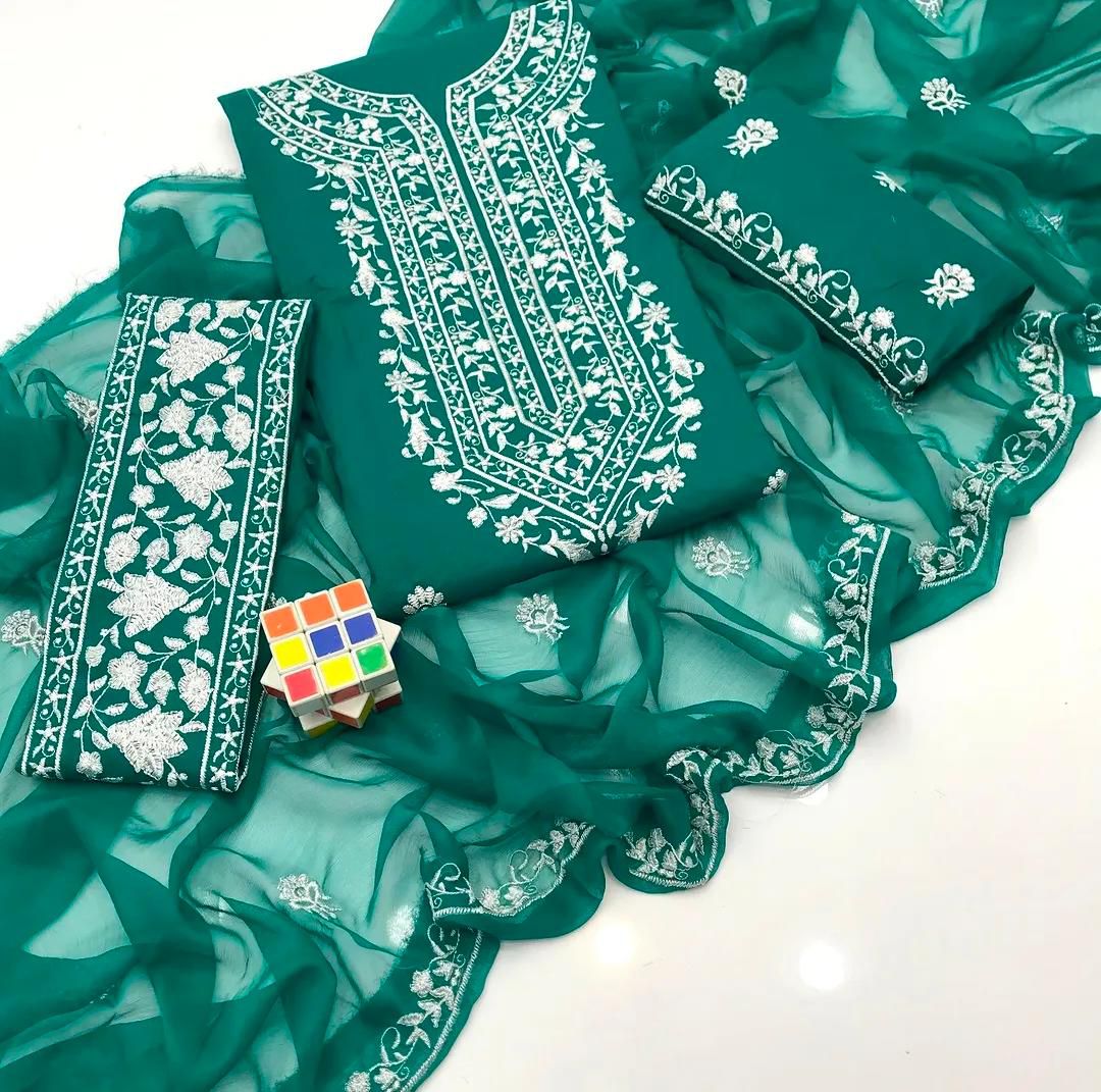 Lawn Cotton Multani Embroidered Unstitched 3PC Suit | Elegant Emerald Green Ethnic Wear - Image 6