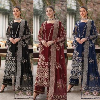 KAHF Luxury Embroidered Lawn 3pc Unstitched Suit - Elegant Chiffon Dupatta