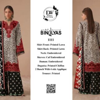 BIN ILYAS Premium Red & Black Embroidered Lawn 3PC Unstitched Suit with Chiffon Dupatta