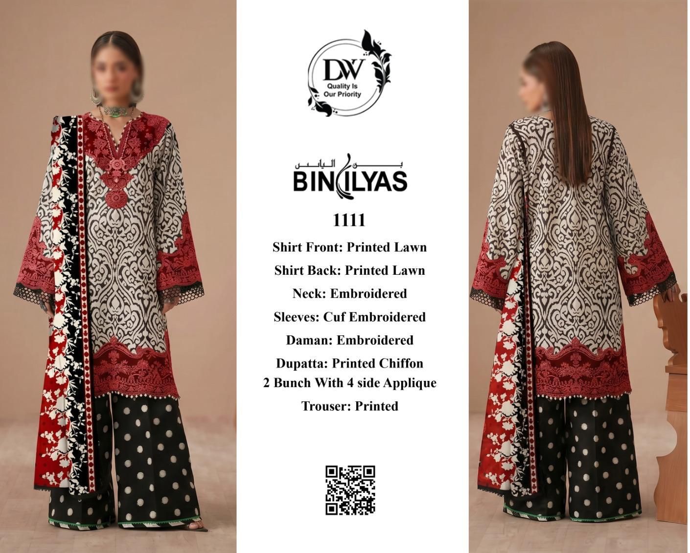 BIN ILYAS Premium Red & Black Embroidered Lawn 3PC Unstitched Suit with Chiffon Dupatta - Step into a realm of unparallel