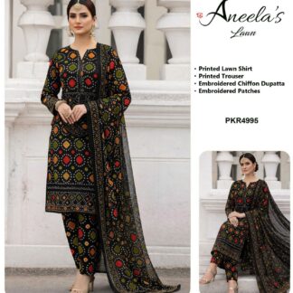 Aneela's Collection Black Chunri Lawn Chiffon Embroidered Suit