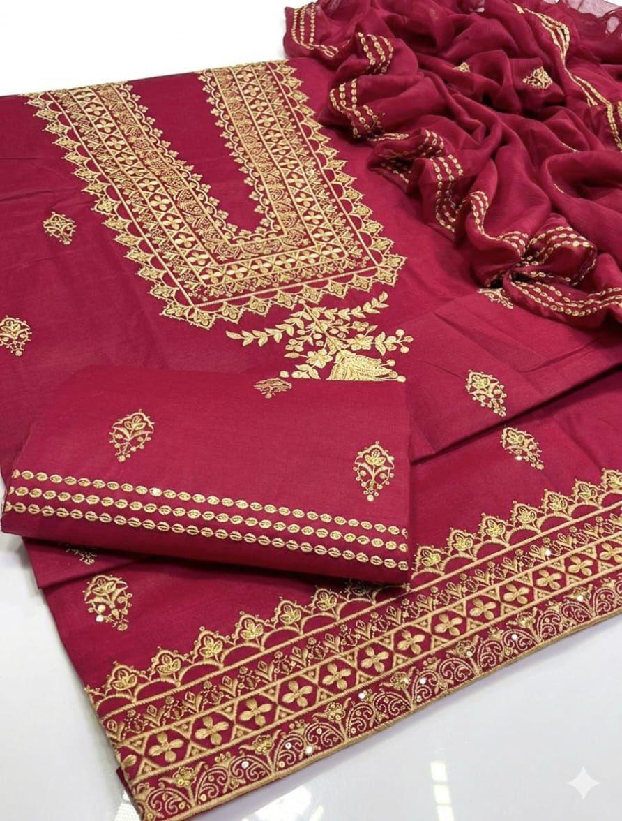 Maroon Lawn Cotton Embroidered Sequence Luxury Unstitched 3pc Maroon (Deep Wine) Black Mustard (Dark Yellow/Ochre) Red (Bright Crimson) Plum (Dark Magenta/Burgundy) Teal Green (Deep Sea Green) - Image 10