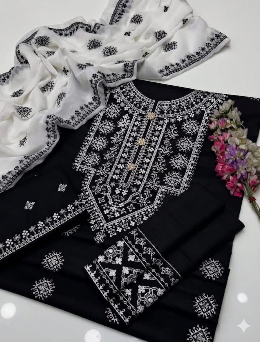 Elegant Black Lawn Cotton 3-Piece Unstitched Suit with Intricate White Embroidery - Image 3