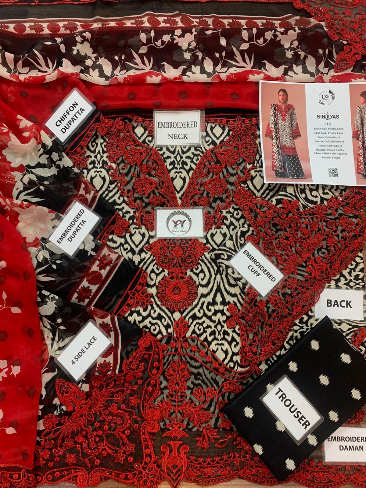 BIN ILYAS Premium Red & Black Embroidered Lawn 3PC Unstitched Suit with Chiffon Dupatta - Image 4