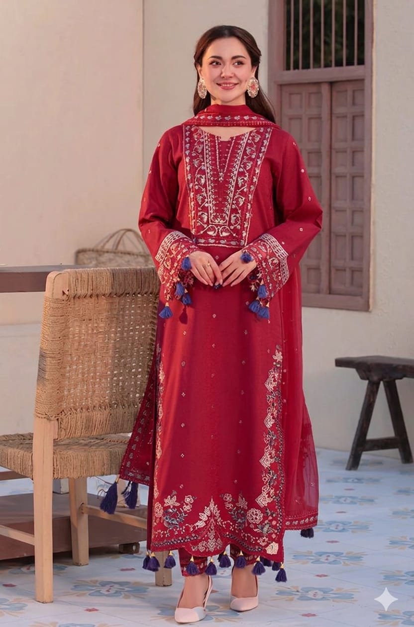 JADE Luxury Embroidered Lawn Unstitched 3PC Suit | Premium Pakistani Fashion Ensemble - Image 3