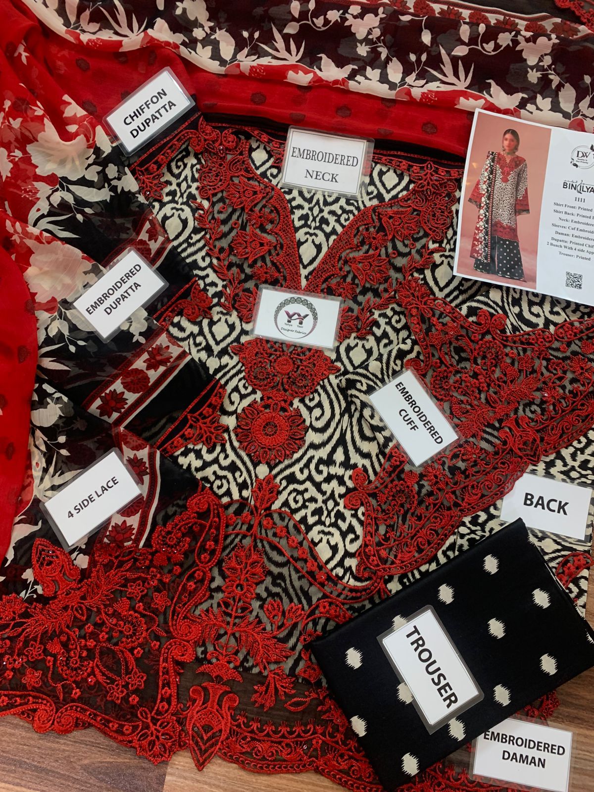BIN ILYAS Premium Red & Black Embroidered Lawn 3PC Unstitched Suit with Chiffon Dupatta - Image 2