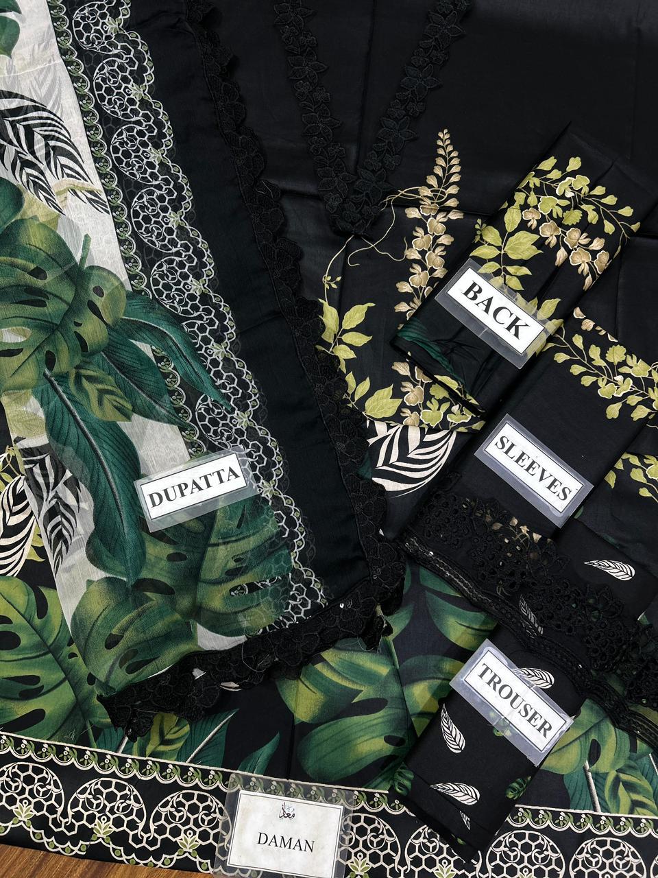 Asifa & Nabeel YKL25-05: Elegant Black Green Lawn Chiffon Ensemble - Image 9