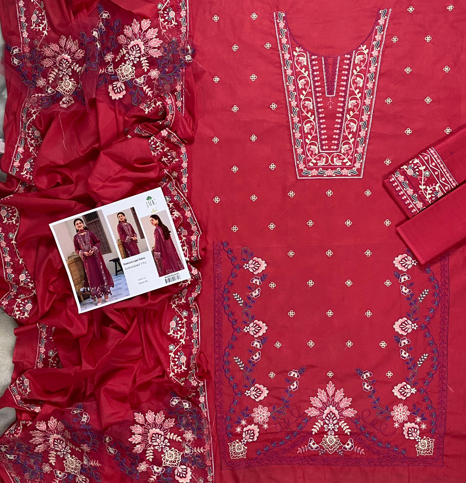 JADE Luxury Embroidered Lawn Unstitched 3PC Suit | Premium Pakistani Fashion Ensemble - Image 4