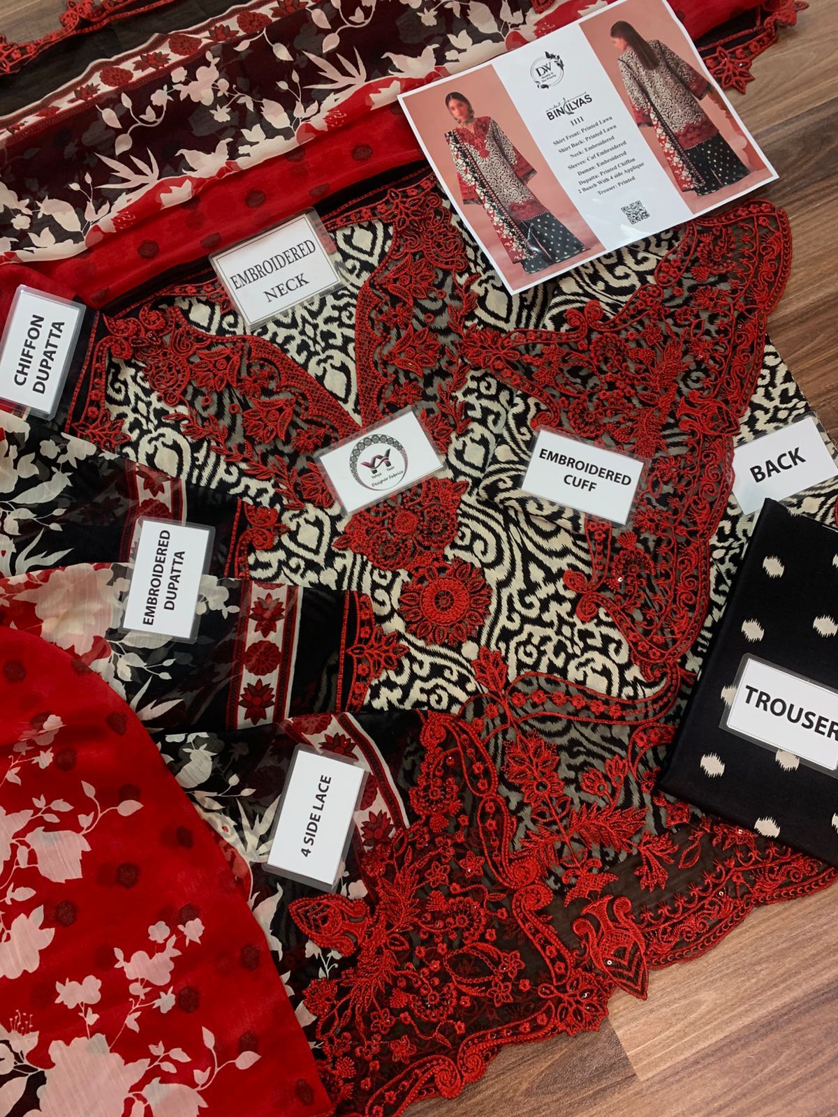 BIN ILYAS Premium Red & Black Embroidered Lawn 3PC Unstitched Suit with Chiffon Dupatta - Image 3