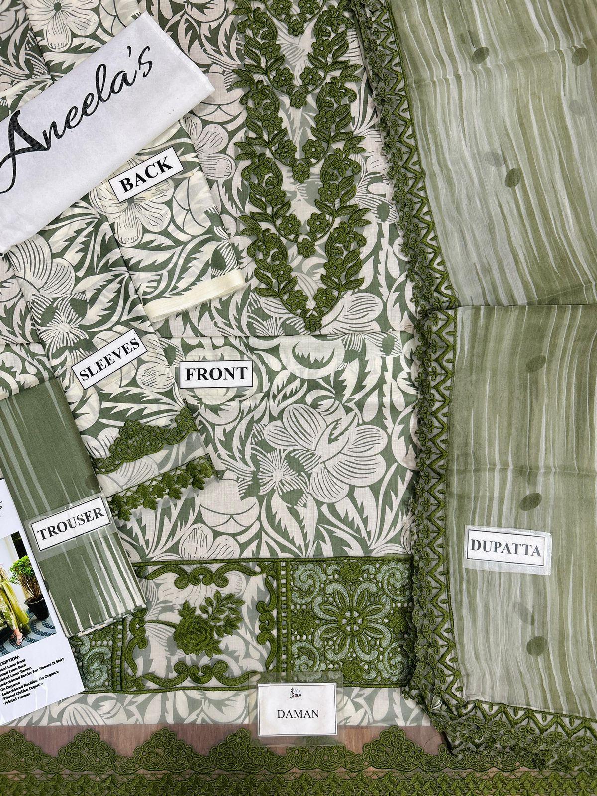 Aneela’s A-297 Olive Green Embroidered Lawn Suit with Chiffon Dupatta - Image 11