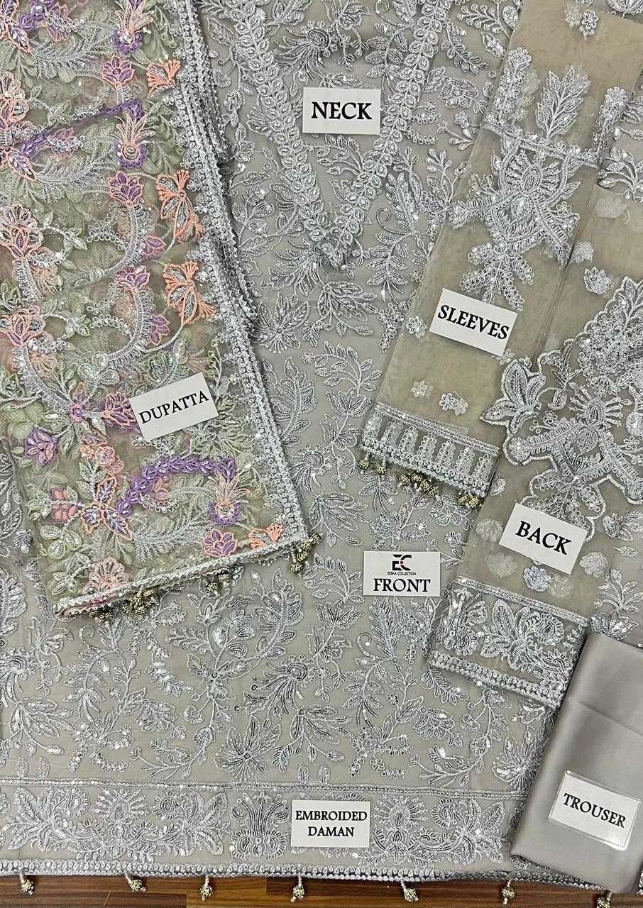 ZARIF LUXURY Z-BD-2807 Exquisite Silver Grey Net Embroidered Suit with Multi-Color Dupatta - Image 11