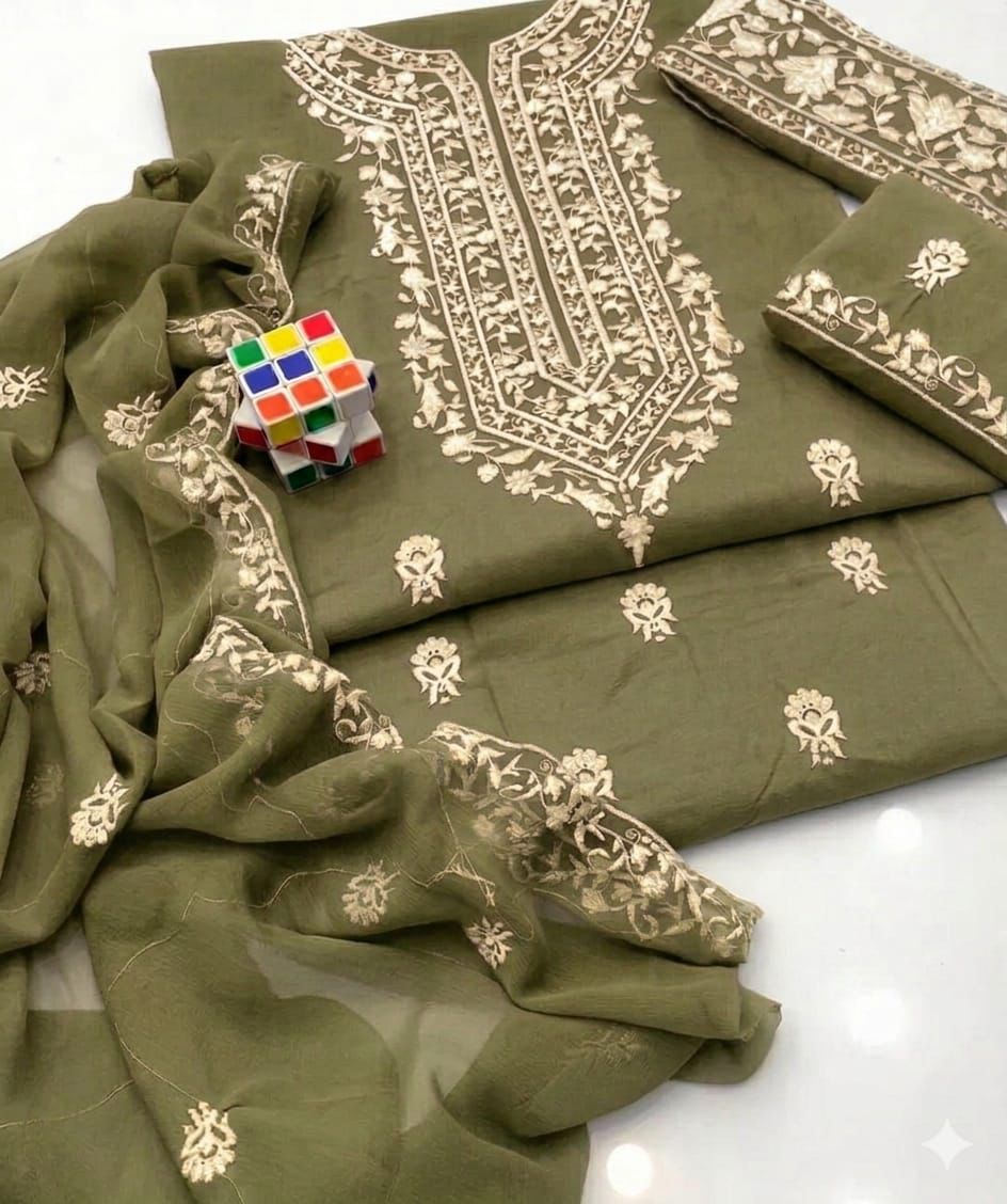 Lawn Cotton Multani Embroidered Unstitched 3PC Suit | Elegant Emerald Green Ethnic Wear - Image 3