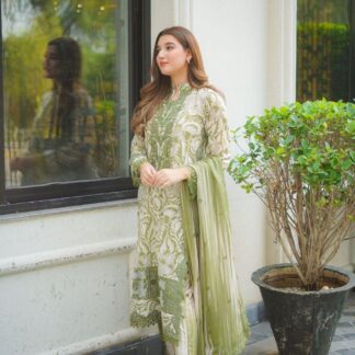 Aneela’s A-297 Olive Green Embroidered Lawn Suit with Chiffon Dupatta