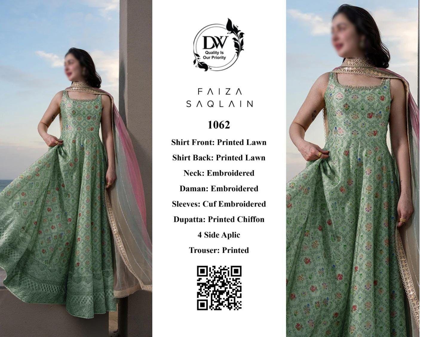 Faiza Saqlain 1062 Premium Embroidered Unstitched 3PC Lawn Suit with Chiffon Dupatta - Experience the epitome of refined eleg