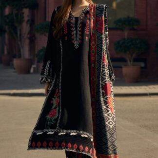 Charizma Black Embroidered Lawn 3pc Unstitched Suit with Monark Voil Dupatta