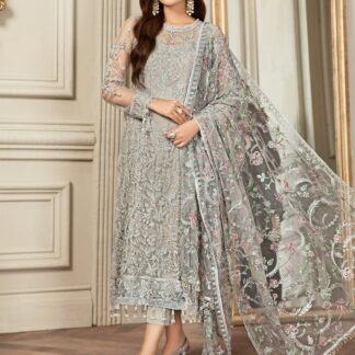 ZARIF LUXURY Z-BD-2807 Exquisite Silver Grey Net Embroidered Suit with Multi-Color Dupatta