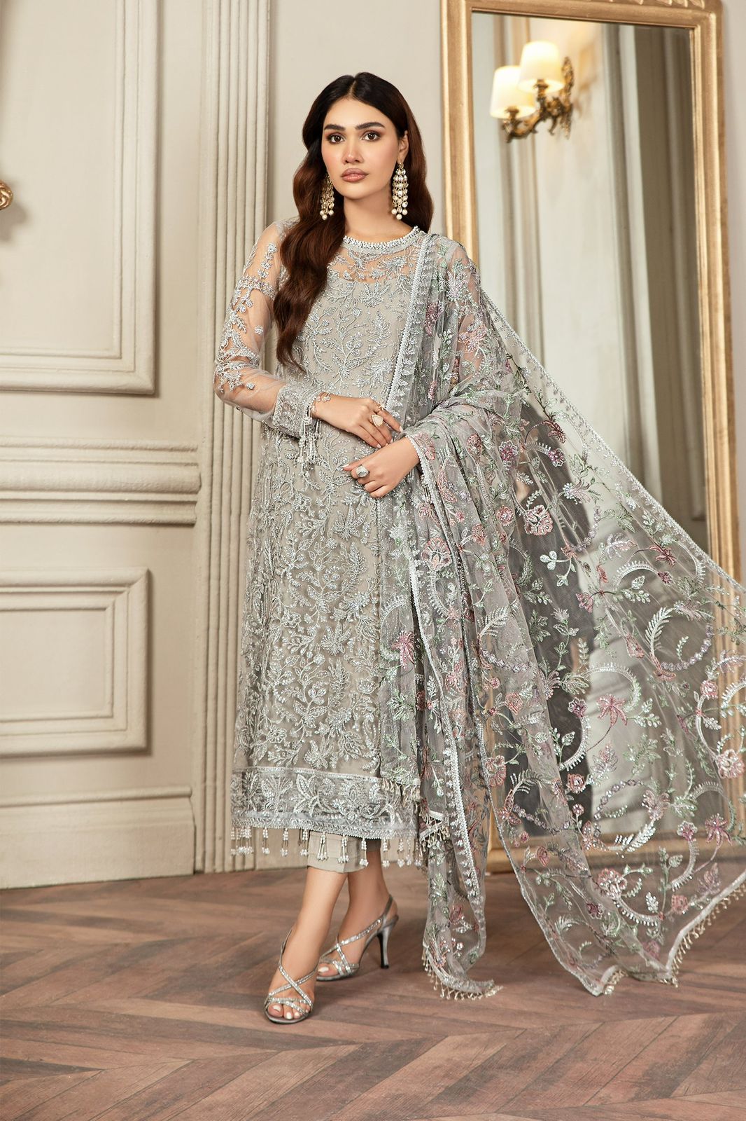 ZARIF LUXURY Z-BD-2807 Exquisite Silver Grey Net Embroidered Suit with Multi-Color Dupatta